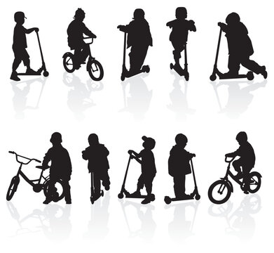 Silhouette girls and boys with bicycle, illustration