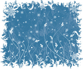 Christmas frosty background with snowflakes and flowers, vector illustration
