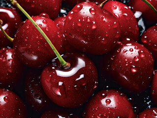 Ripe juicy cherries are only picked from a branch of a cherry tree. Water drops on fruit, cherry orchard after rain. Close-up. Sweet cherry background.
