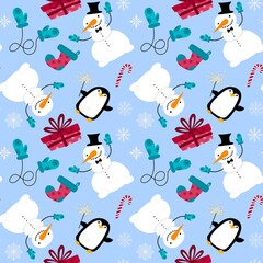 Christmas cartoon snowman seamless snowflakes and penguin and gifts box and candy and socks and gloves pattern