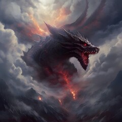 Dragon bursting thorugh clouds