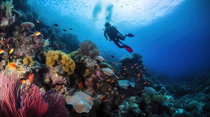 Fototapeta na wymiar A person in a scuba suit swimming over a coral reef. Generative AI image.