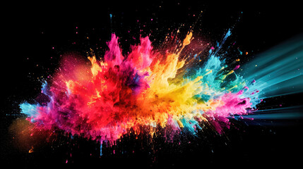 Dynamic multicolored explosions of colors on an isolated black background. Colored abstract background. Generative AI
