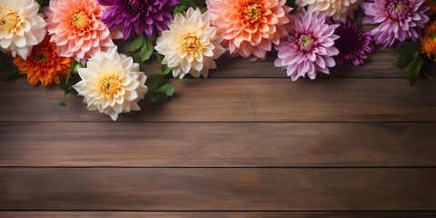 Dahlia flowers on wooden background, floral flat lay banner. Valentine's, womens, mothers day, birthday or wedding concept. Top view. Copy space. Generated AI.