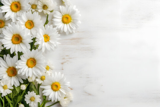 Daisy flowers on white wooden background, summer chamomile flat lay. Valentine's, womens, mothers day, birthday or wedding concept. Top view. Copy space. Generated AI.