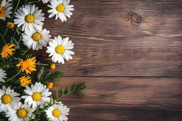 Fototapeta premium Daisy flowers on wooden background, summer chamomile flat lay. Valentine's, womens, mothers day, birthday or wedding concept. Top view. Copy space. Generated AI.