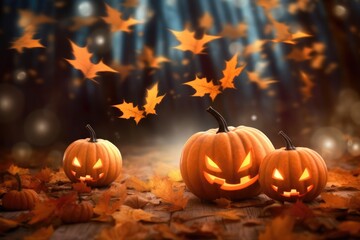 Naklejka na ściany i meble Halloween pumpkins and jack o lanterns on table with beautiful misty atmosphere, mysterious backdrop. Generative AI