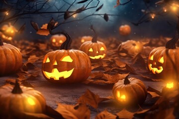 Halloween pumpkins and jack o lanterns on table with beautiful misty atmosphere, mysterious backdrop. Generative AI