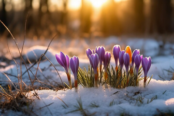 Spring landscape with first flowers purple crocuses on the snow in nature in the rays of sunlight. AI generative