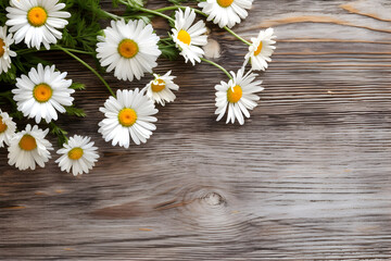 Daisy flowers on wooden background, summer chamomile flat lay. Valentine's, womens, mothers day, birthday or wedding concept. Top view. Copy space. Generated AI.