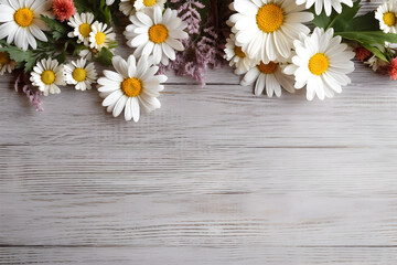 Daisy flowers on white wooden background, summer chamomile flat lay banner. Valentine's, womens, mothers day, birthday or wedding concept. Top view. Copy space. Generated AI.
