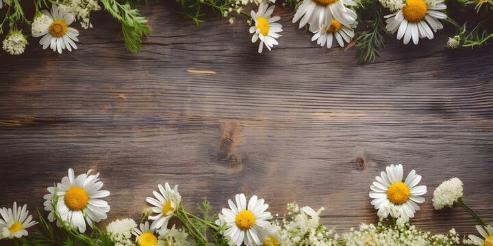 Daisy flowers on wooden background, summer chamomile flat lay banner. Valentine's, womens, mothers day, birthday or wedding concept. Top view. Copy space. Generated AI.