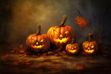 Halloween pumpkins and jack o lanterns on table with beautiful misty atmosphere, mysterious backdrop. Generative AI