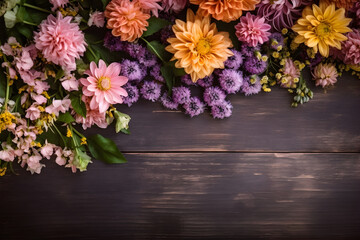Obraz na płótnie Canvas Summer garden flowers on wooden background, flat lay composition. Valentine's, womens, mothers day, birthday or wedding concept. Top view. Copy space. Generated AI.