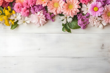 Summer garden flowers on white wooden background, flat lay composition. Valentine's, womens, mothers day, birthday or wedding concept. Top view. Copy space. Generated AI.