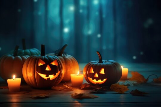 Halloween pumpkins and jack o lanterns on table with beautiful misty atmosphere, mysterious backdrop. Generative AI