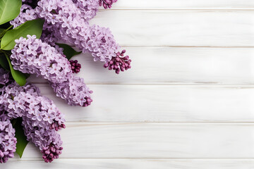 Lilac flowers on white wooden background, spring flat lay composition. Valentine's, womens, mothers day, birthday or wedding concept. Top view. Copy space. Generated AI.