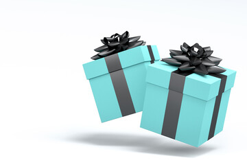 Gift boxes with ribbon and bow for Merry Christmas flying and falling on white