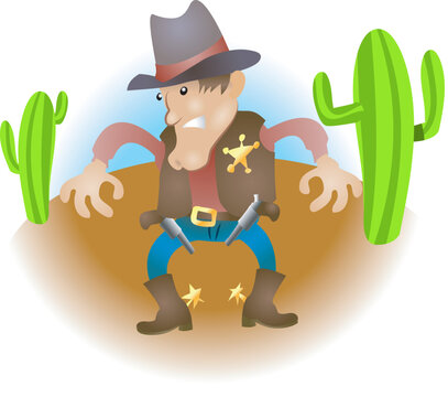 An illustration of a cowboy sheriff gunslinger