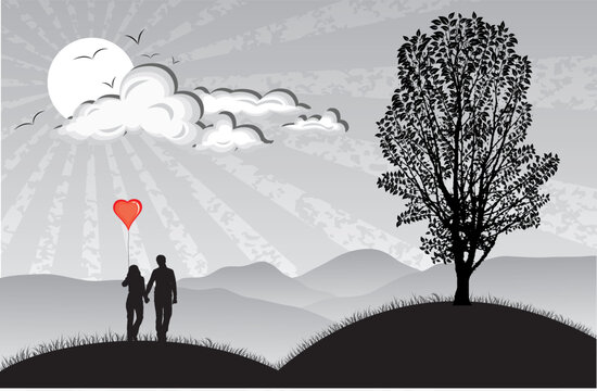 Lovers with hearts balloon on nature background