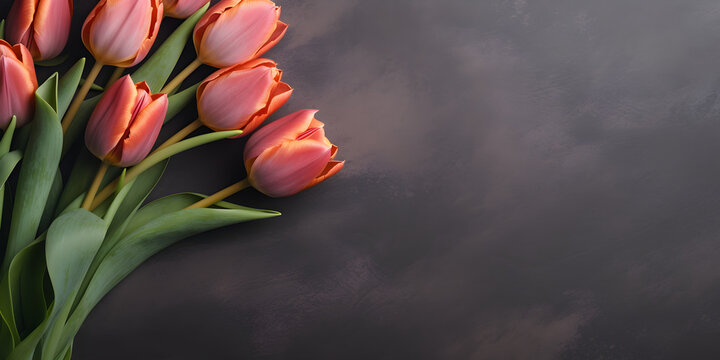 Colorful tulip flowers on dark concrete background, spring flat lay banner. Valentine's, womens, mothers day, birthday or wedding concept. Top view. Copy space. Generated AI.