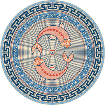 Circular Fish Mosaic Tile Ornament With Greek Border