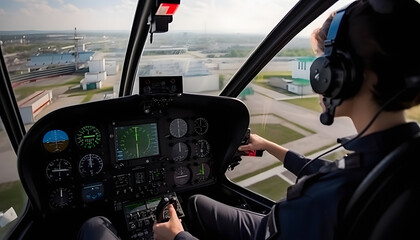 Naklejka premium Back view Woman pilot in the cockpit of a helicopter in flight with a view of the city from above, AI generated