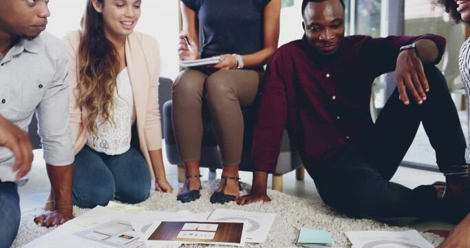 Planning, brainstorming and documents with business people in meeting for startup, creative and strategy. Teamwork, designer and idea with employees in office for mind map, graphs and project