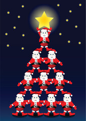 Many Santas on top of each other forming a christmas tree