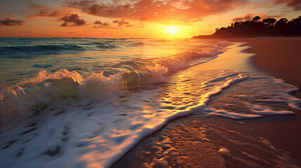 Bright beautiful sunrise or sunset at sea.