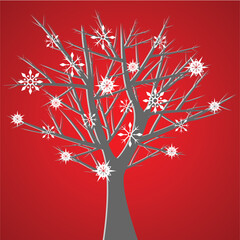 Naked tree over red background with snow crystals
