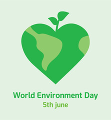 World environment day 5th june. Love Earth planet. Heart, tree, plant icon. Vector illustration banner, social media. Green