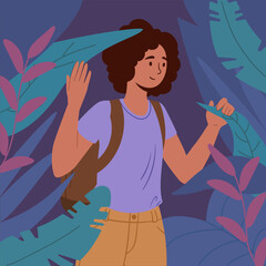 Girl travel in forest. Woman with backpack stands among tropical plants. Active lifestyle and hiking. Holidays in exotic countries. Tourist and traveler in jungle. Cartoon flat vector illustration