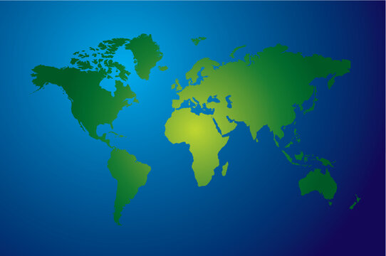 World map with the land in green and oceans in blue