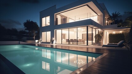 Fototapeta na wymiar illustration, modern mansion with swimming pool, generative ai