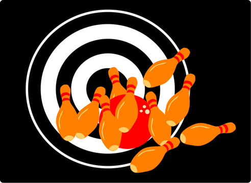 Vector image of bowling pins hit by a ball. Complete success, all of them down, right into the target, goal accomplished
