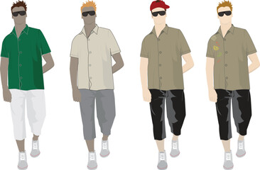 Four male models wearing casual clothing in assorted colours