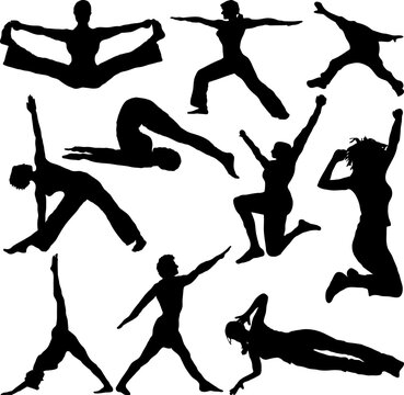 People doing work outs in silhouette ideal to place in your own artwork
