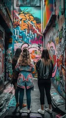 Obraz na płótnie Canvas Two women walking down a narrow alley with graffiti on the walls. Generative AI image.