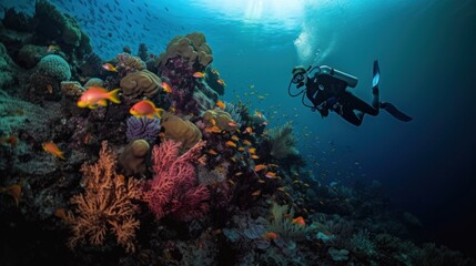 Fototapeta na wymiar A scuba diver swims over a coral reef. Generative AI image.