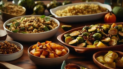 Vegetarian Harvest Celebration: Seasonal Vegetable Showcase in a Feast of Flavors. Created with generative AI tools. - obrazy, fototapety, plakaty