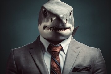 Anthropomorphic shark dressed in a suit like a businessman. Business Concept. AI generated, human enhanced