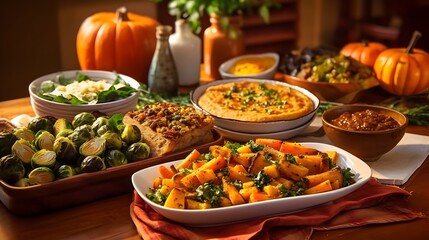 Harvest Bounty on the Table: Vegetarian Feast Highlighting Seasonal Vegetables. Created with generative AI tools. - obrazy, fototapety, plakaty