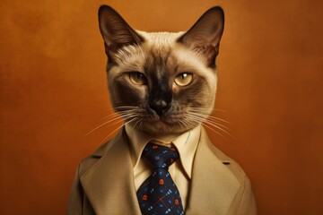 Anthropomorphic cat Siamese dressed in a suit like a businessman. business concept. AI generated, human enhanced