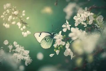 Papier peint Olive verte Romantic natural floral background with a butterfly on flower with bokeh, close-up macro. AI generated, human enhanced