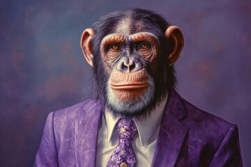 Anthropomorphic chimp dressed in a suit like a businessman. business concept. AI generated, human enhanced