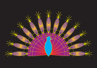 Graphic illustration of colorful peacock at night