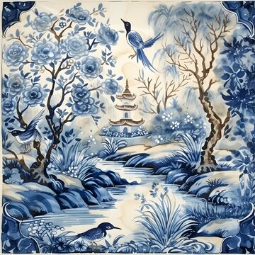 watercolor painting of blue willow china print--tile--s750