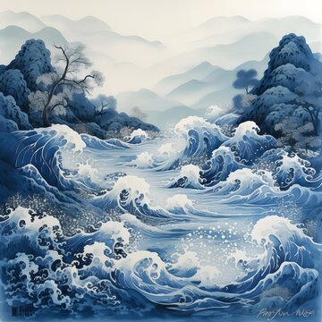a blue and white beach landscape waves painting in the style of blue willow china
