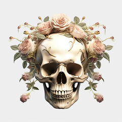 A skull with a wreath of roses on its head. Generative AI.
